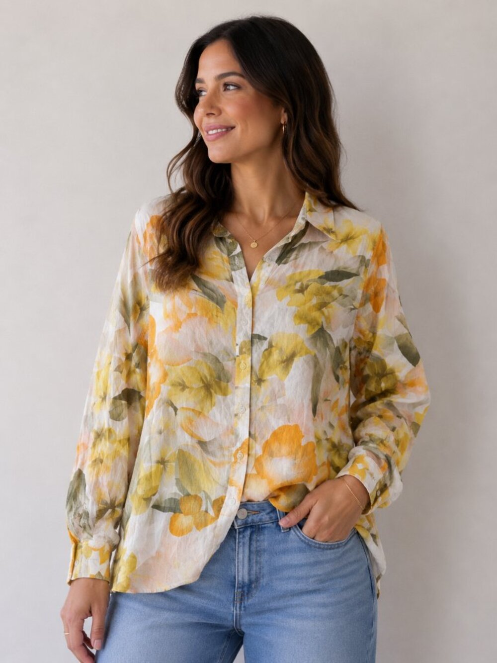 Cleo Petites XS Petite 100% Cotton Floral Button Front Shirt Yellow Long Sleeve